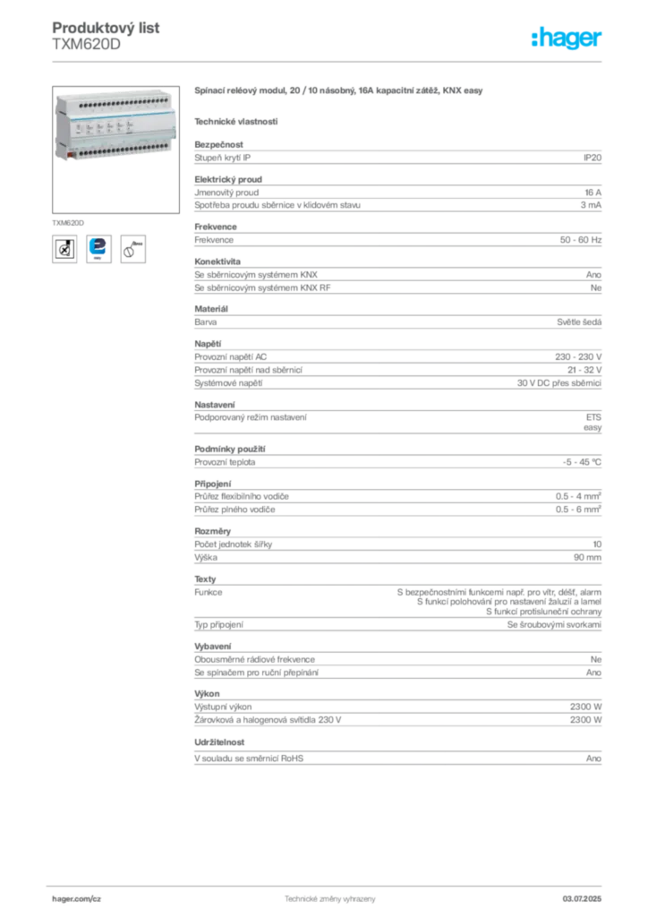 Obrázek Hager Produktový list TXM620D | Hager