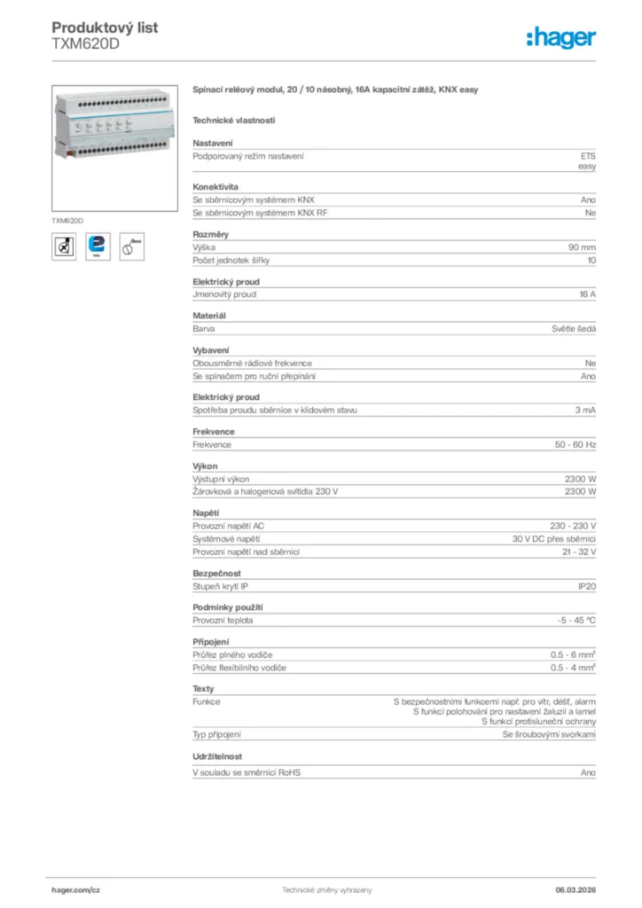 Obrázek Hager Product data sheet TXM620D | Hager