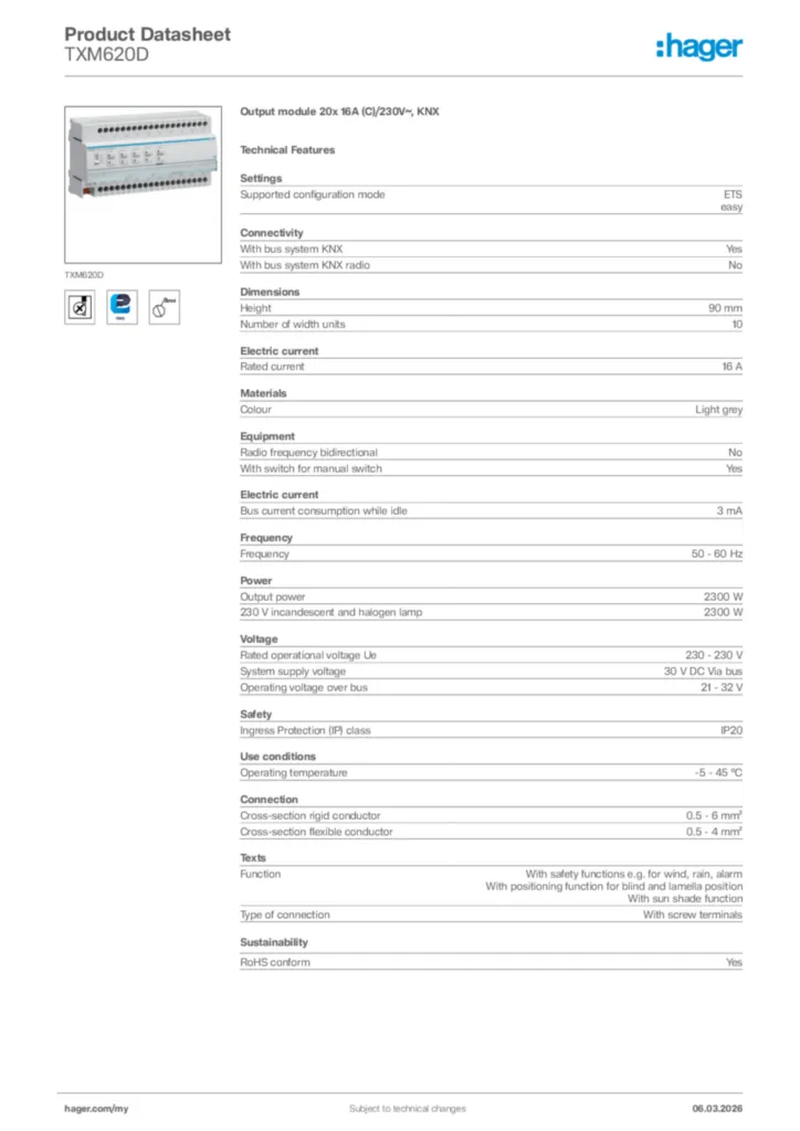 Image Hager Product data sheet TXM620D  | Hager