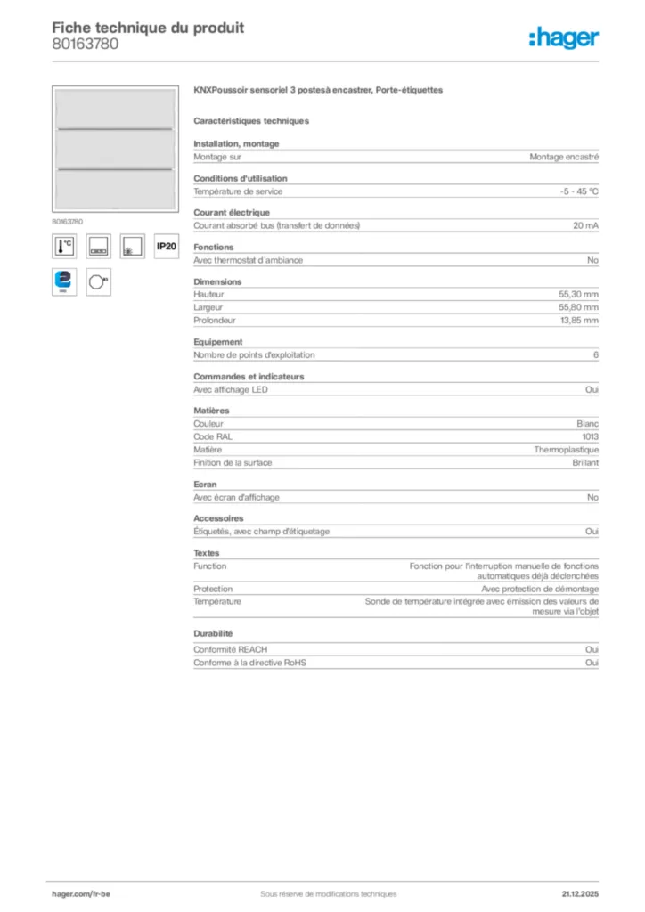 Image Hager Fiche technique du produit 80163780 | Hager Belgique