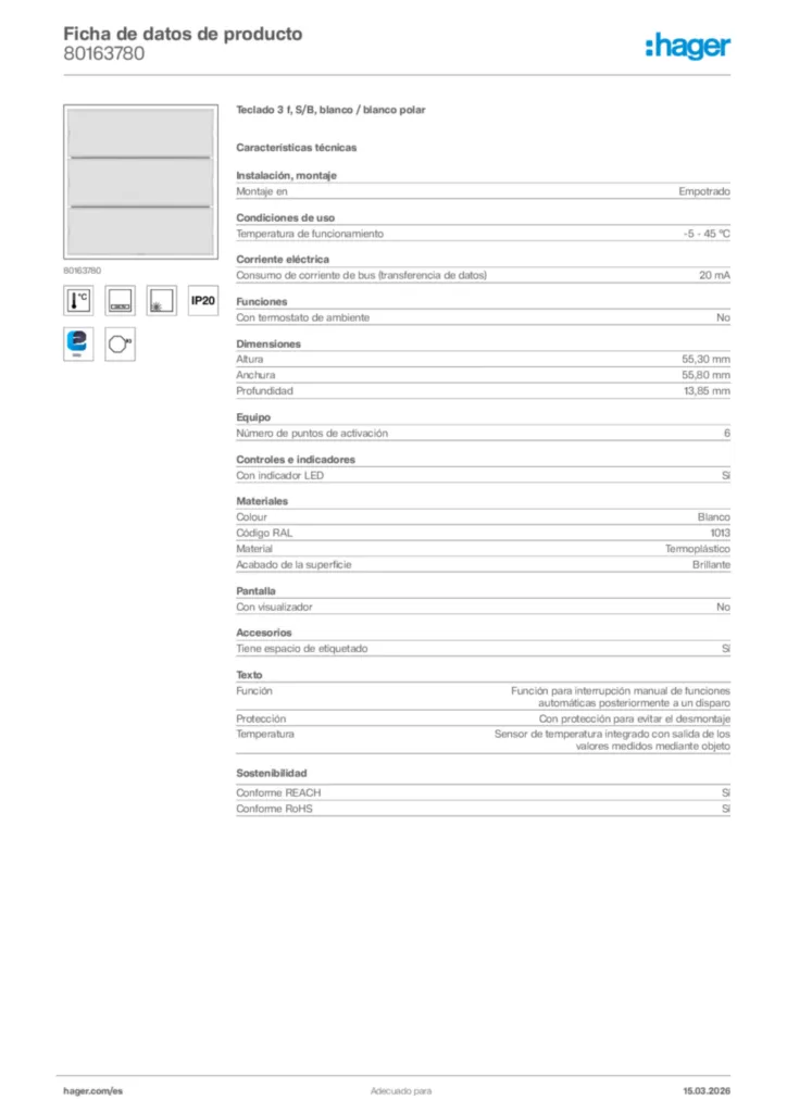 Imagen Hager Ficha de datos de producto 80163780 | Hager España