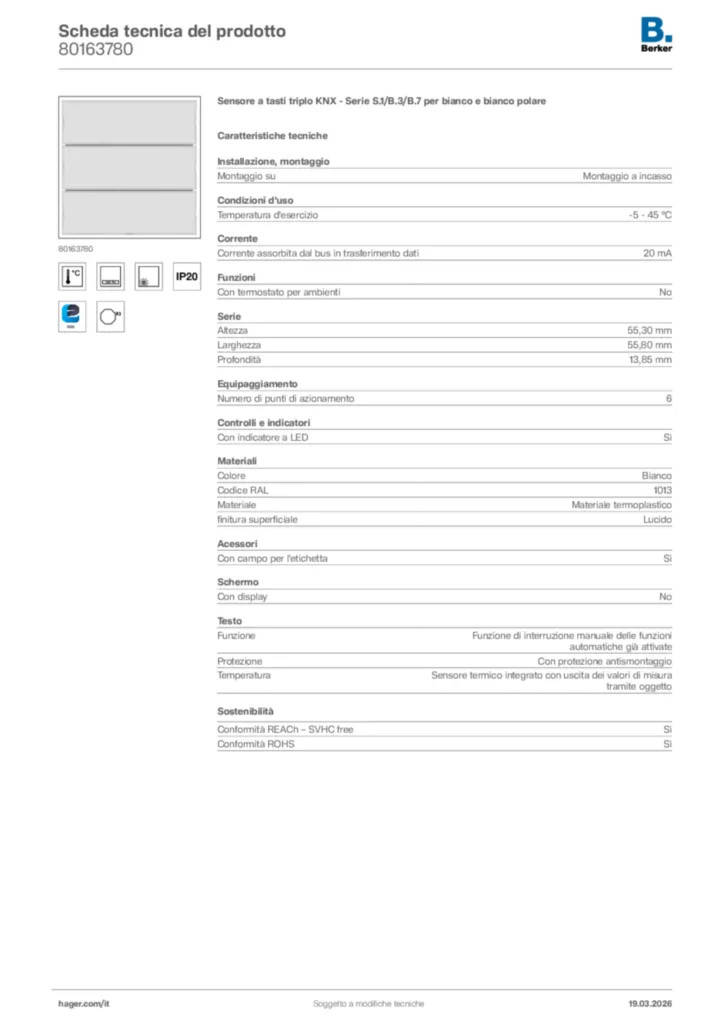 Immagine Berker Scheda tecnica del prodotto 80163780 | Hager Italia