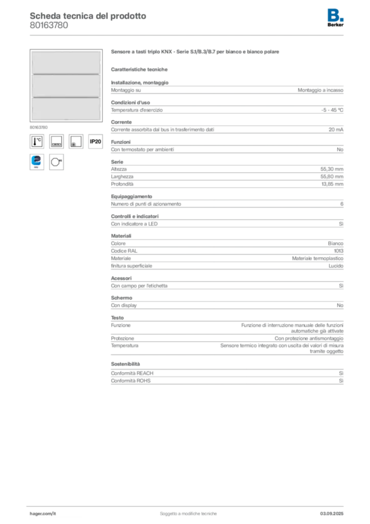 Immagine Berker Scheda tecnica del prodotto 80163780 | Hager Italia