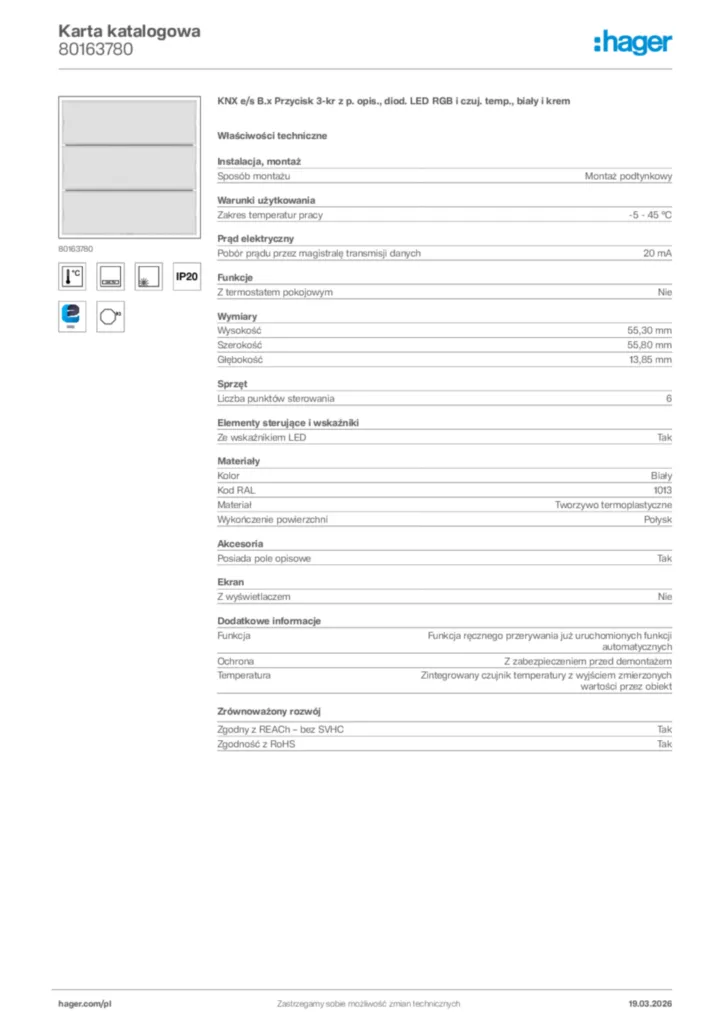 Zdjęcie Hager Karta katalogowa 80163780 | Hager Polska