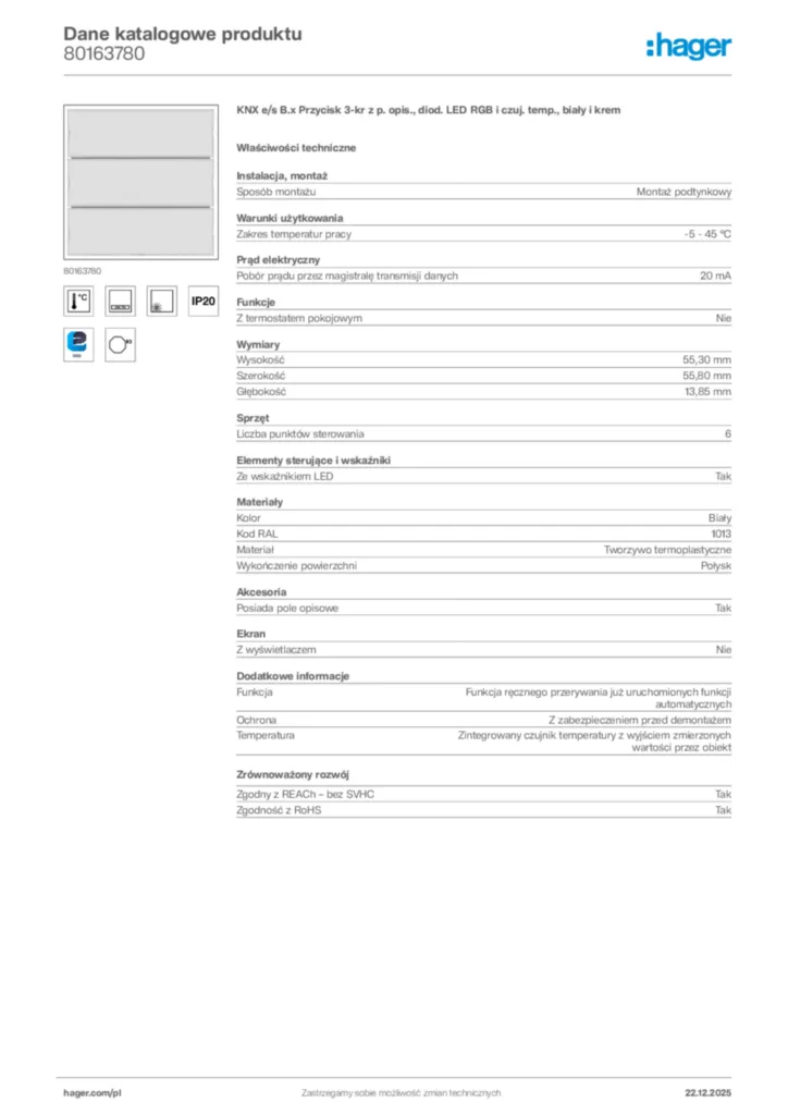 Zdjęcie Hager Dane katalogowe produktu 80163780 | Hager Polska