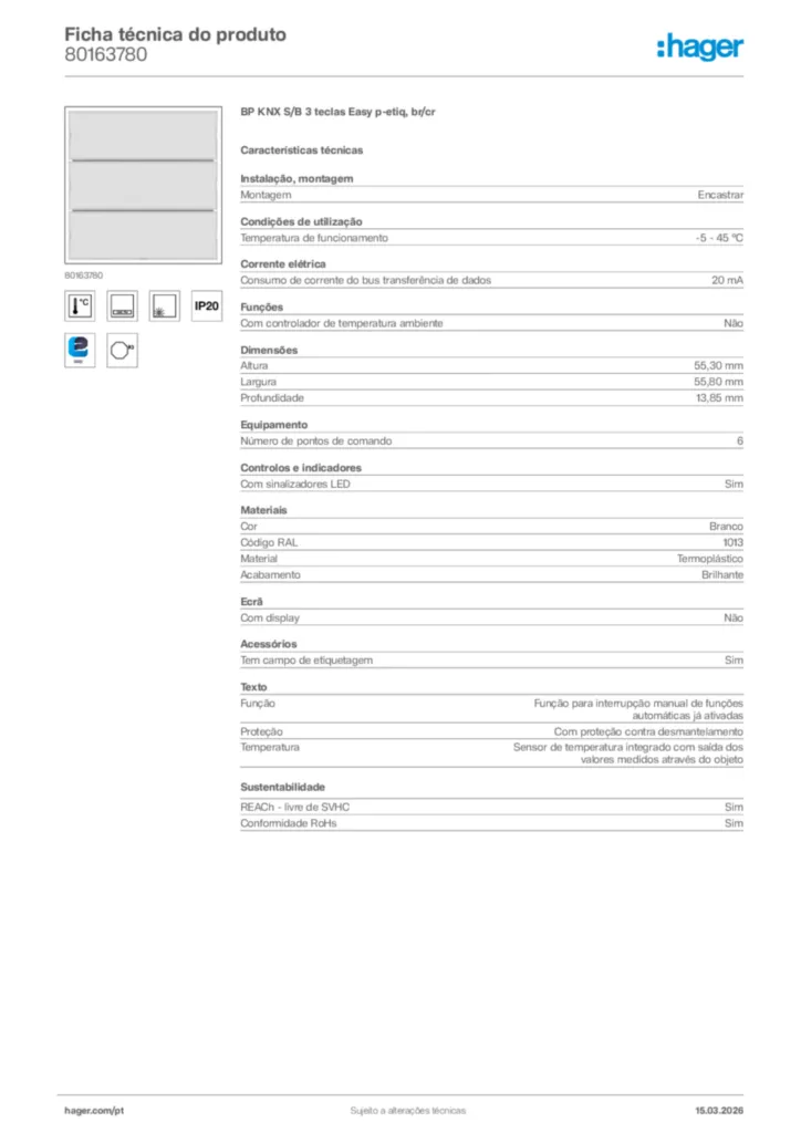 Imagem Hager Ficha técnica do produto 80163780 | Hager Portugal