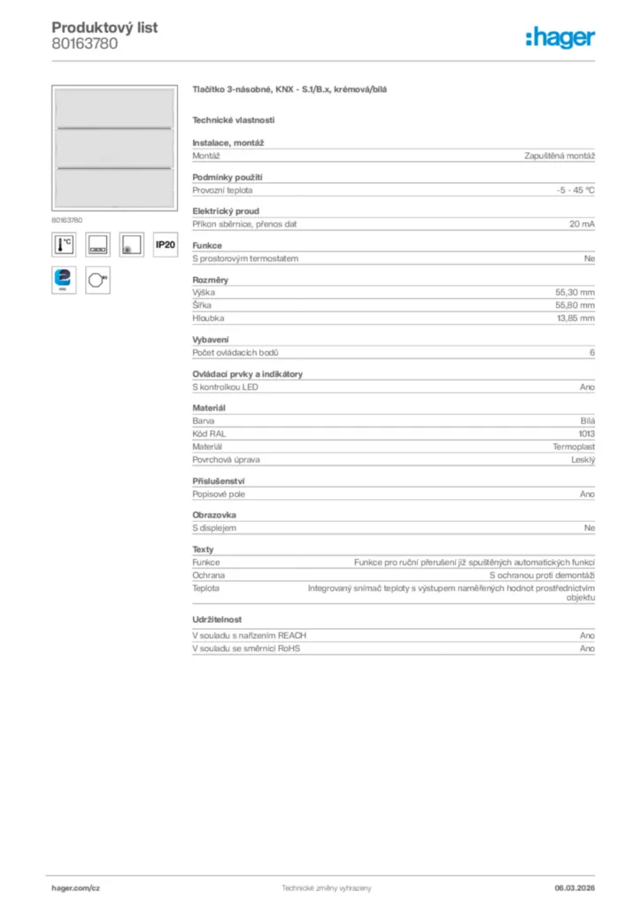 Obrázek Hager Product data sheet 80163780 | Hager