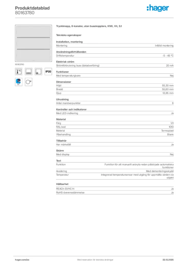 Bild Hager Produktdatablad 80163780 | Hager Sverige