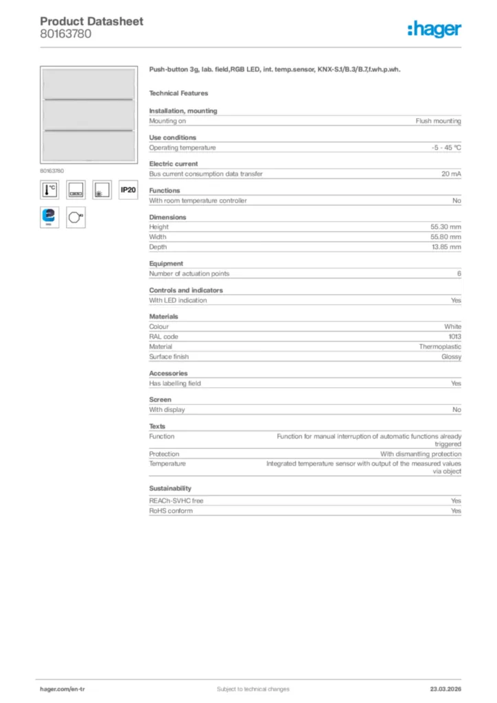 Image Hager Product data sheet 80163780  | Hager