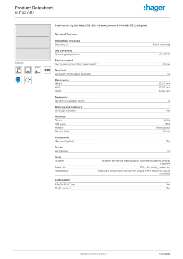 Image Hager Product data sheet 80163780  | Hager