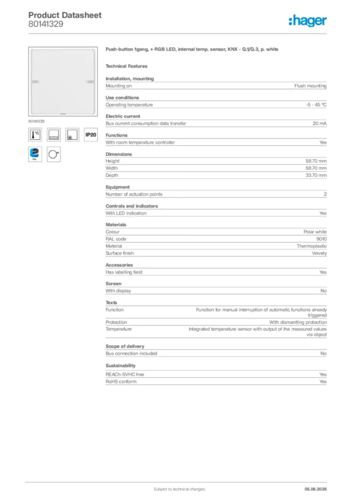 Image Hager Product data sheet 80141329  | Hager Africa