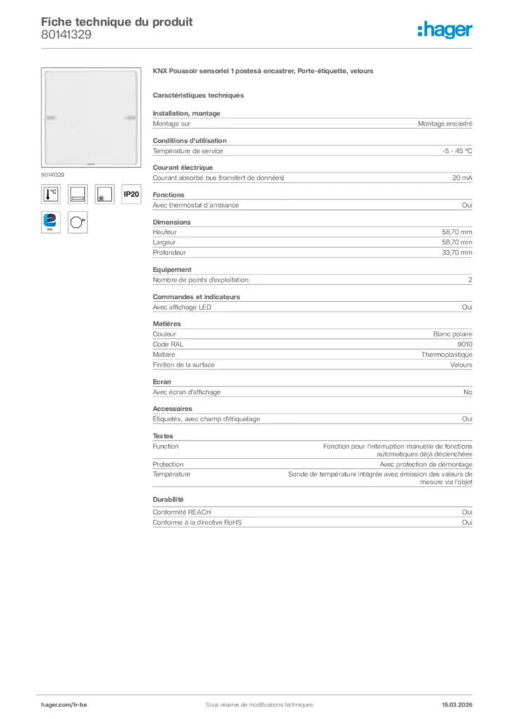 Image Hager Fiche technique du produit 80141329 | Hager Belgique