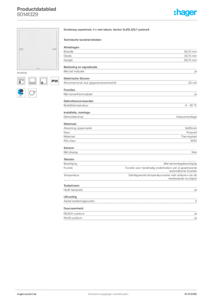 Afbeelding Hager Productdatablad 80141329 | Hager Belgium