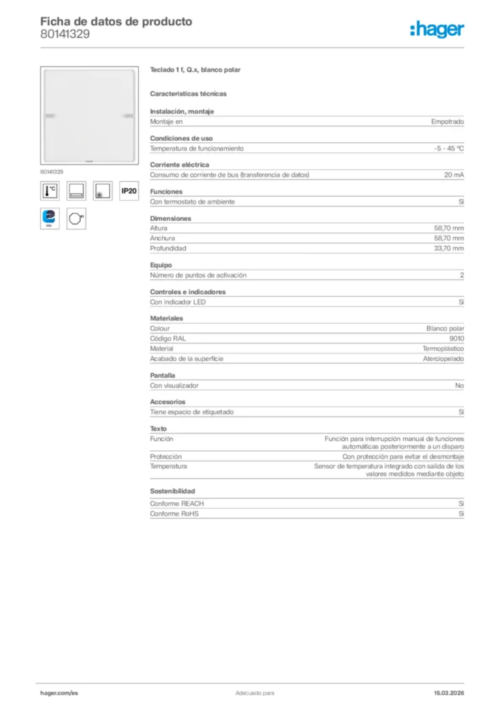 Imagen Hager Ficha de datos de producto 80141329 | Hager España