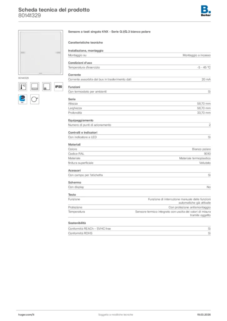 Immagine Berker Scheda tecnica del prodotto 80141329 | Hager Italia