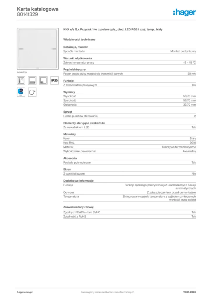 Zdjęcie Hager Karta katalogowa 80141329 | Hager Polska