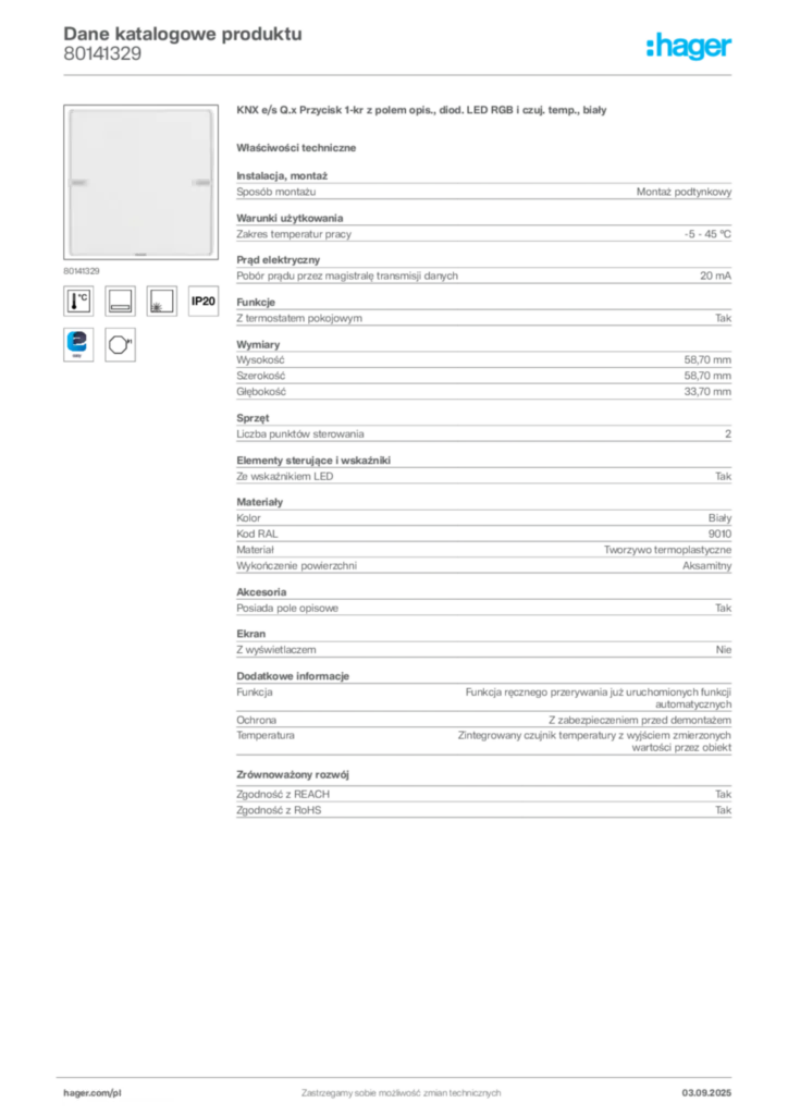 Zdjęcie Hager Dane katalogowe produktu 80141329 | Hager Polska
