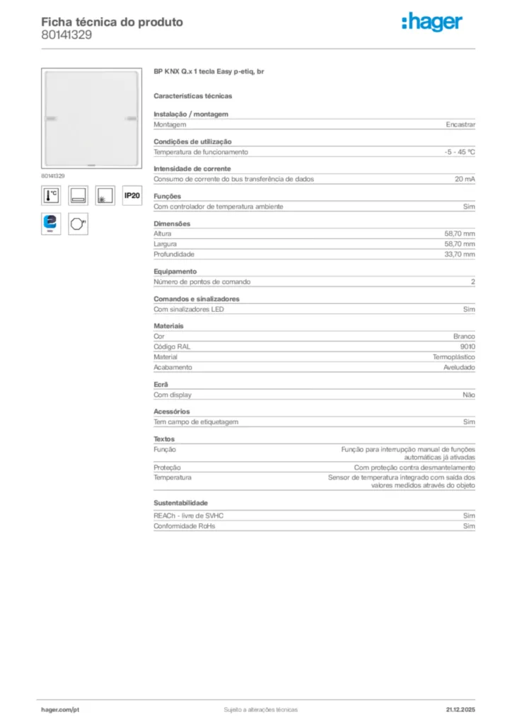 Imagem Hager Ficha técnica do produto 80141329 | Hager Portugal