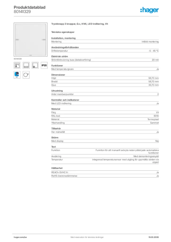 Bild Hager Produktdatablad 80141329 | Hager Sverige