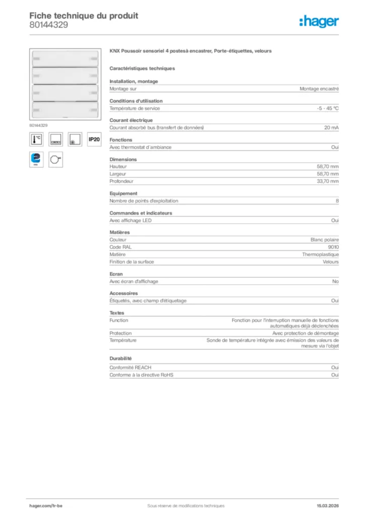 Image Hager Fiche technique du produit 80144329 | Hager Belgique