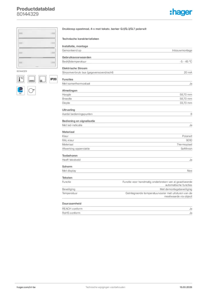 Afbeelding Hager Productdatablad 80144329 | Hager Belgium