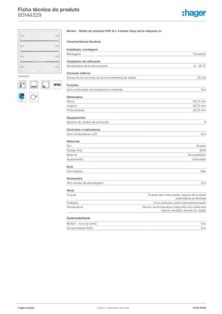Imagem Hager Ficha técnica do produto 80144329 | Hager Portugal