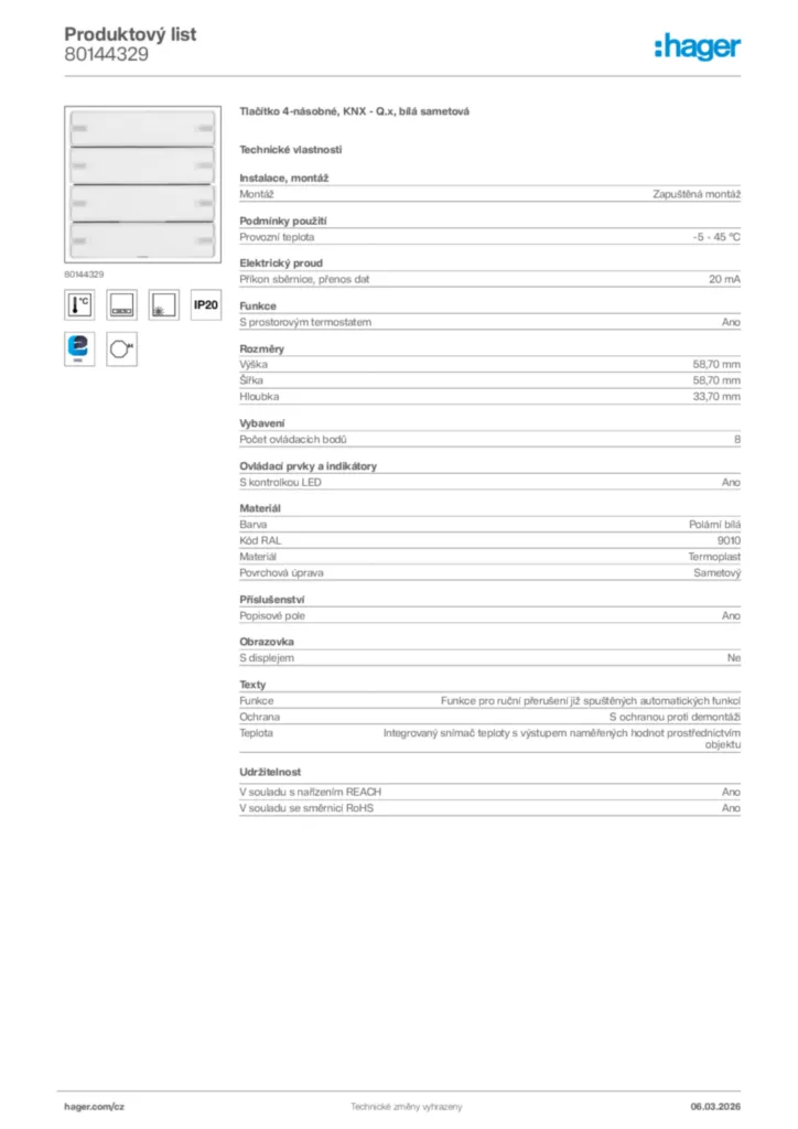 Obrázek Hager Product data sheet 80144329 | Hager