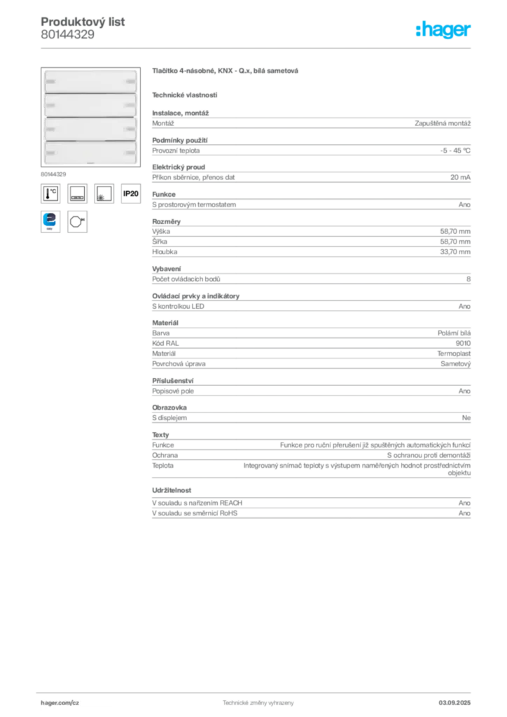 Obrázek Hager Produktový list 80144329 | Hager