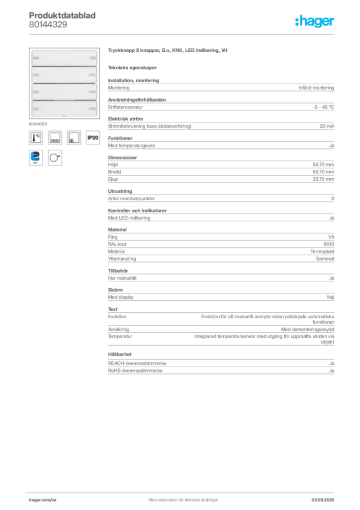 Bild Hager Produktdatablad 80144329 | Hager Sverige