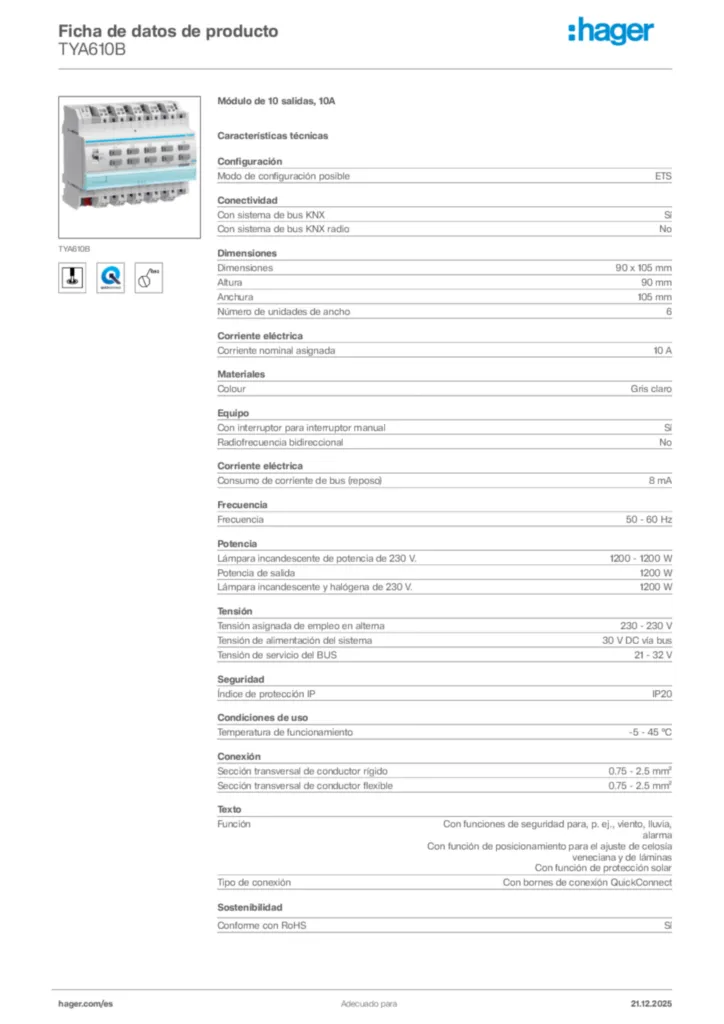 Imagen Hager Ficha de datos de producto TYA610B | Hager España