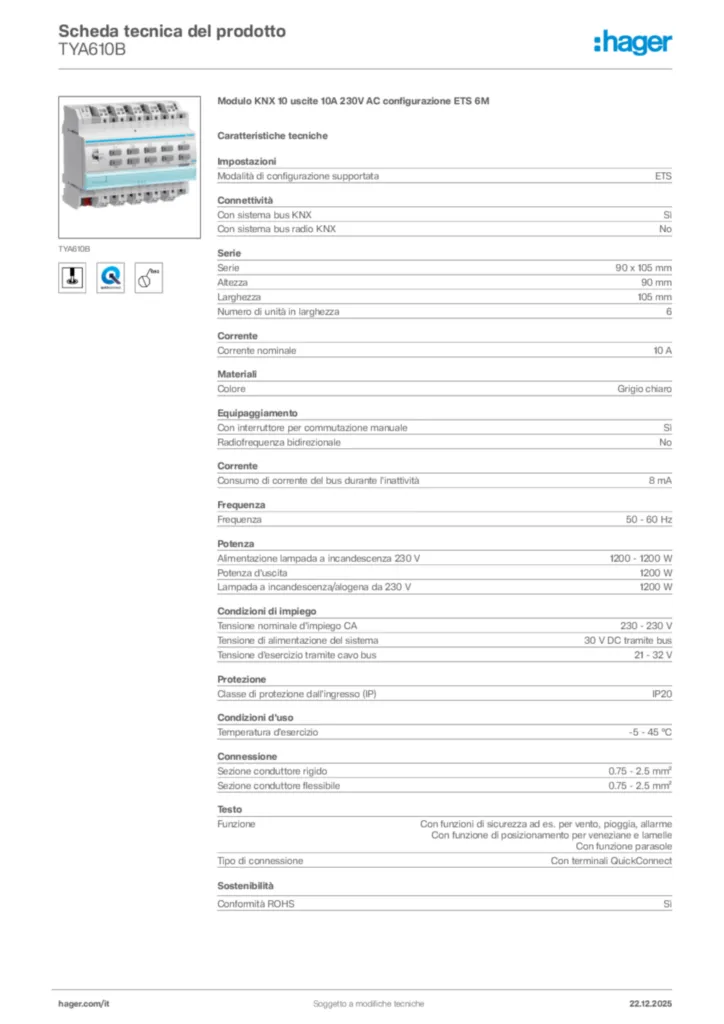 Immagine Hager Scheda tecnica del prodotto TYA610B | Hager Italia
