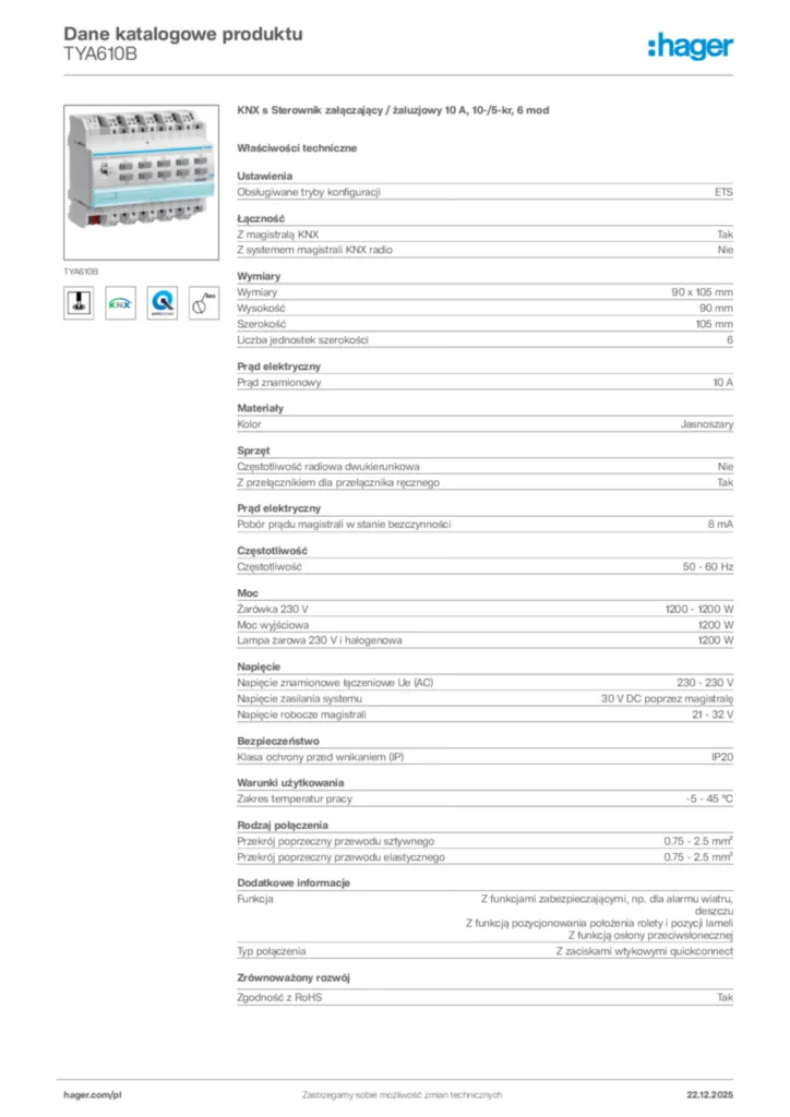 Zdjęcie Hager Dane katalogowe produktu TYA610B | Hager Polska