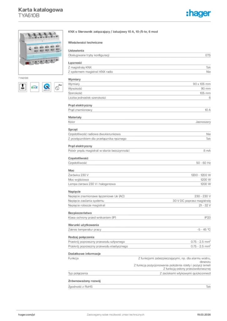 Zdjęcie Hager Karta katalogowa TYA610B | Hager Polska