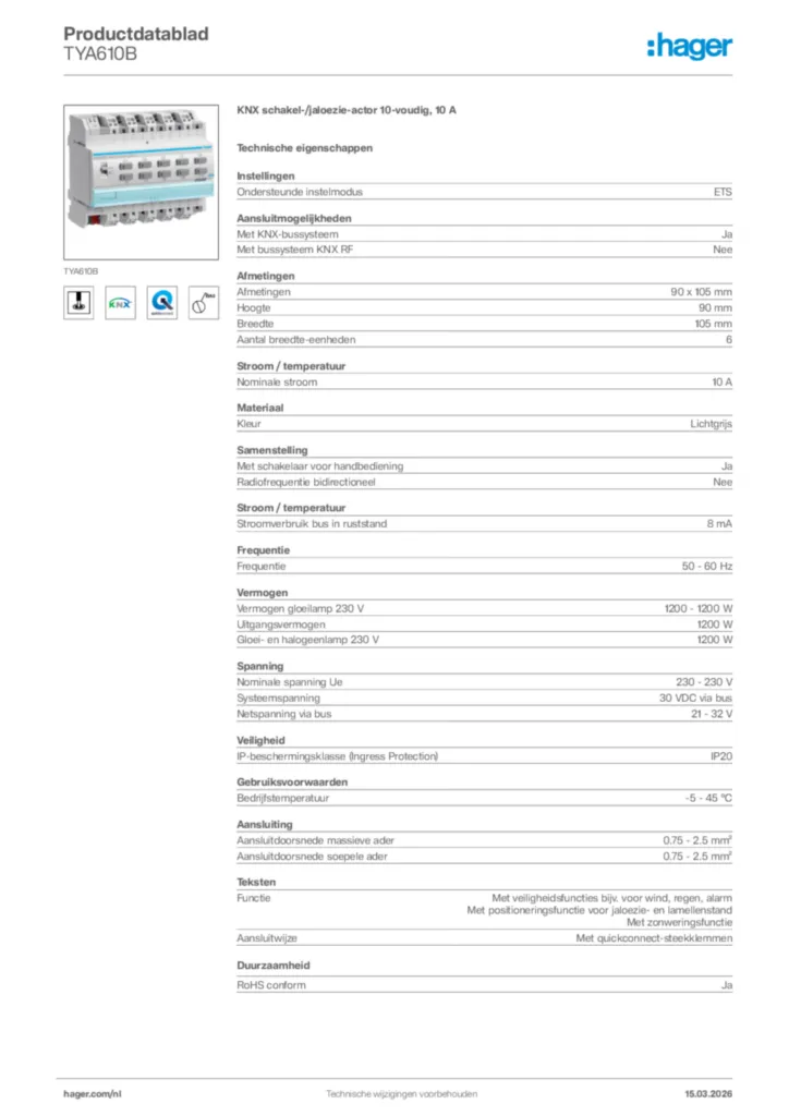 Afbeelding Hager Productdatablad TYA610B | Hager Nederland