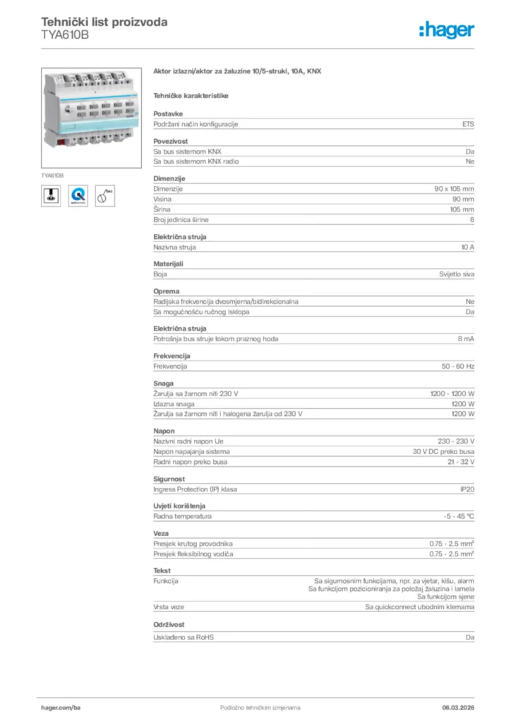Slika Hager Tehnički list proizvoda TYA610B  | Hager