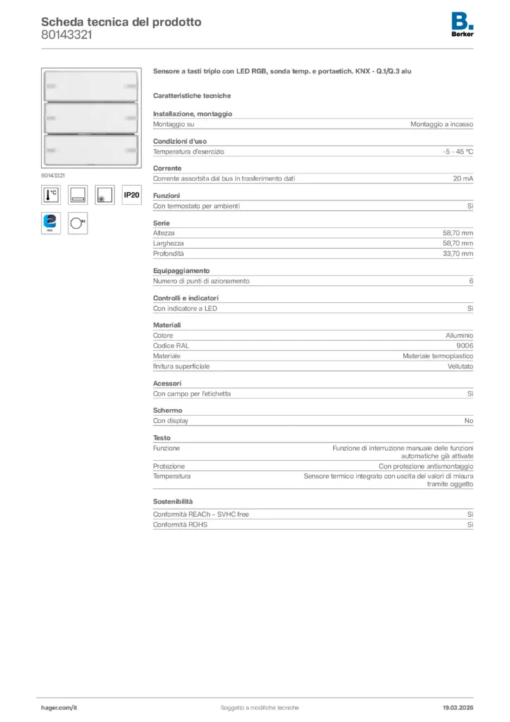 Immagine Berker Scheda tecnica del prodotto 80143321 | Hager Italia