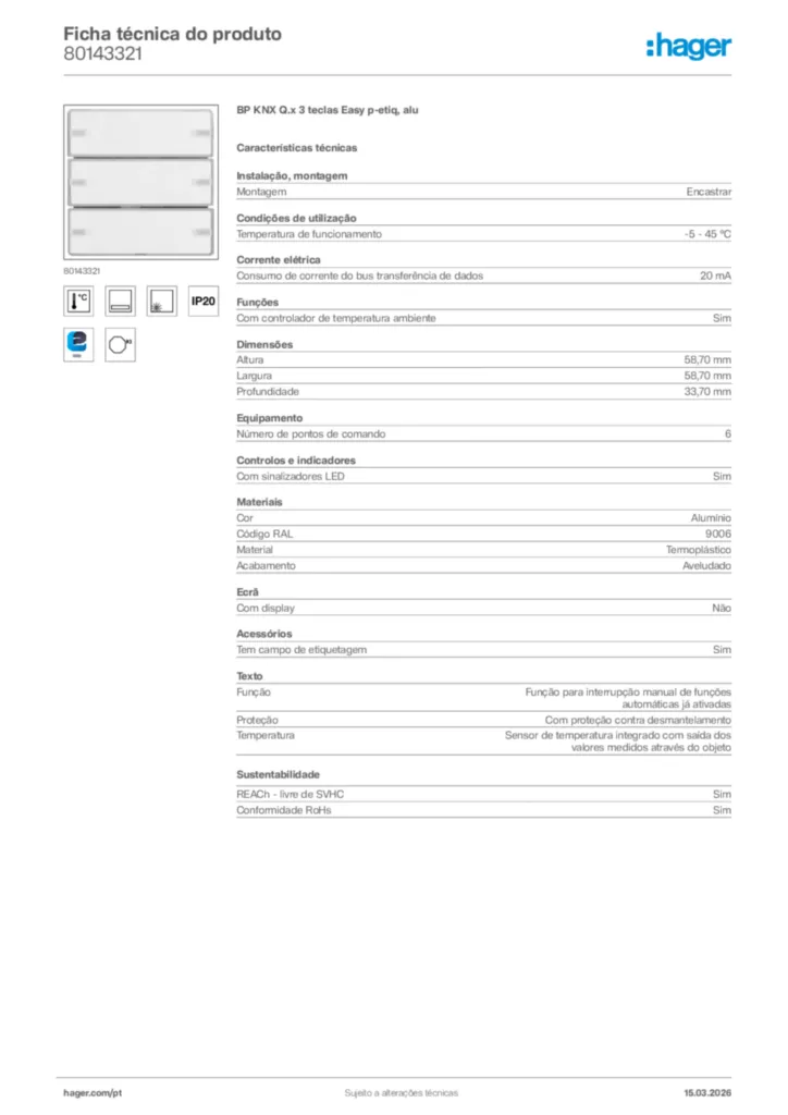 Imagem Hager Ficha técnica do produto 80143321 | Hager Portugal