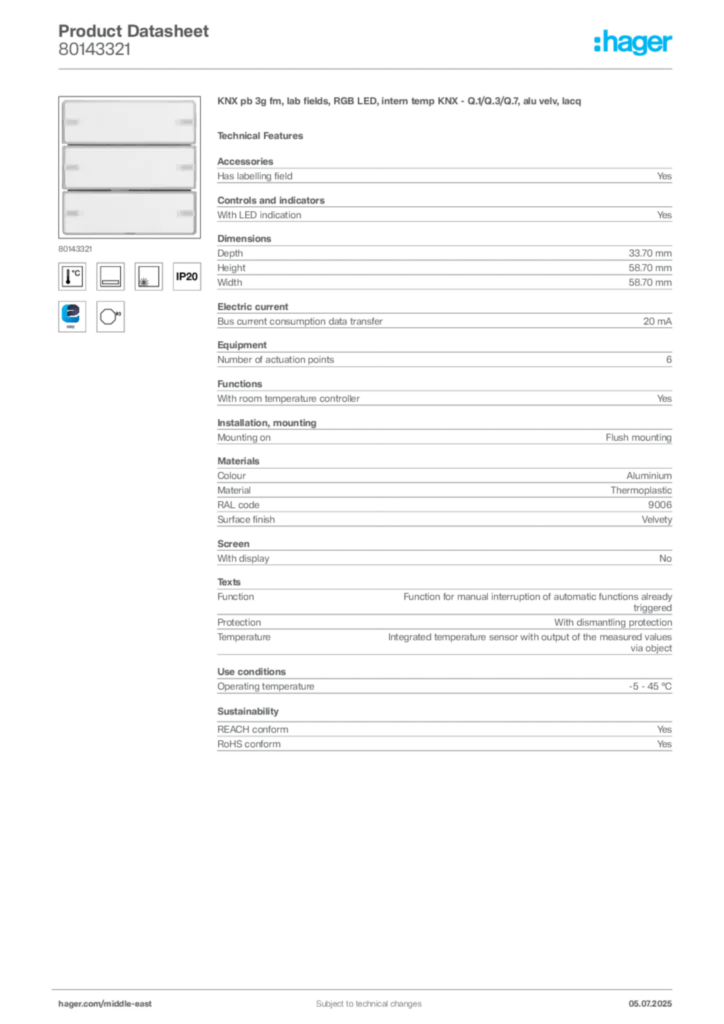 Image Hager Product data sheet 80143321  | Hager