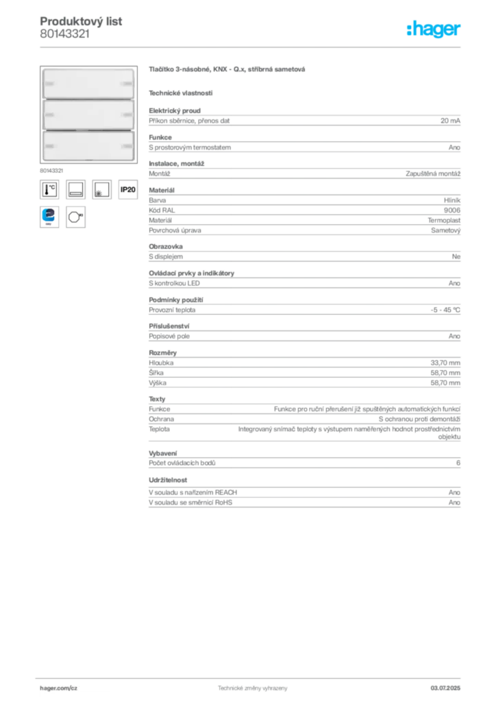 Obrázek Hager Produktový list 80143321 | Hager