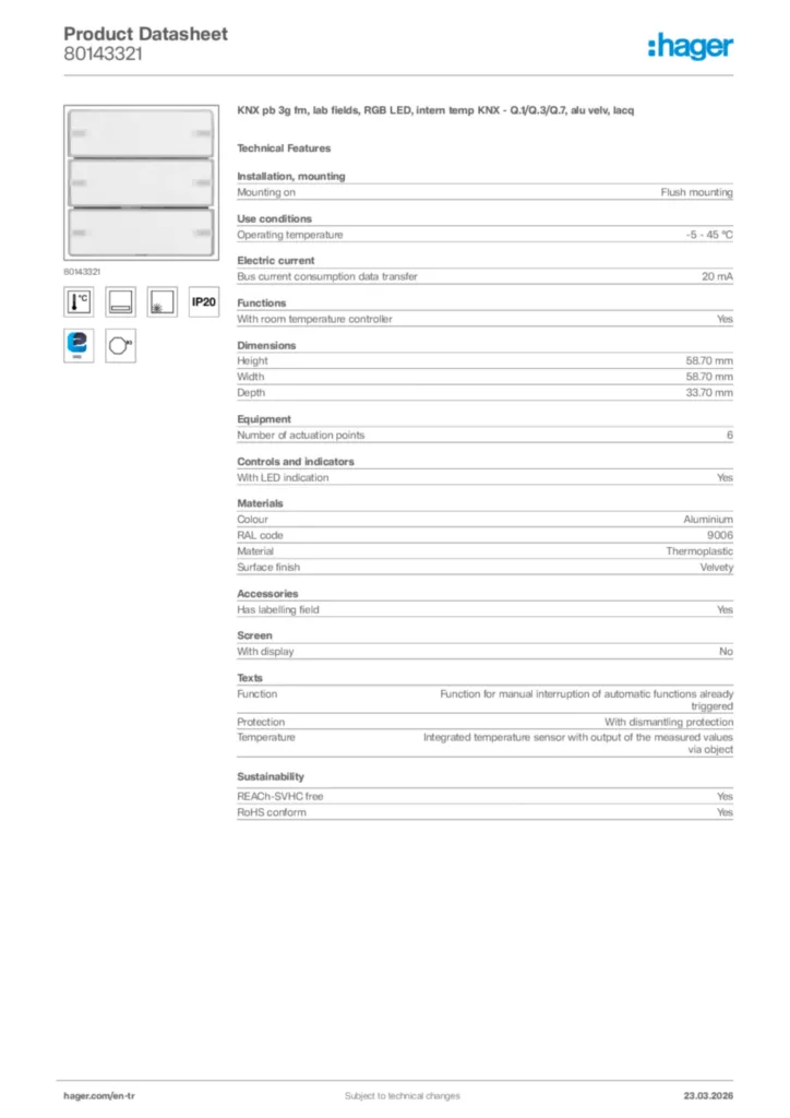 Image Hager Product data sheet 80143321  | Hager