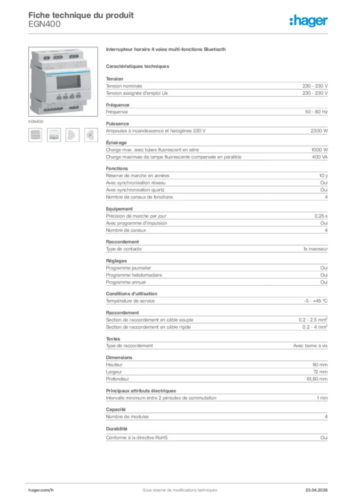 Image Hager Fiche technique du produit EGN400 | Hager France