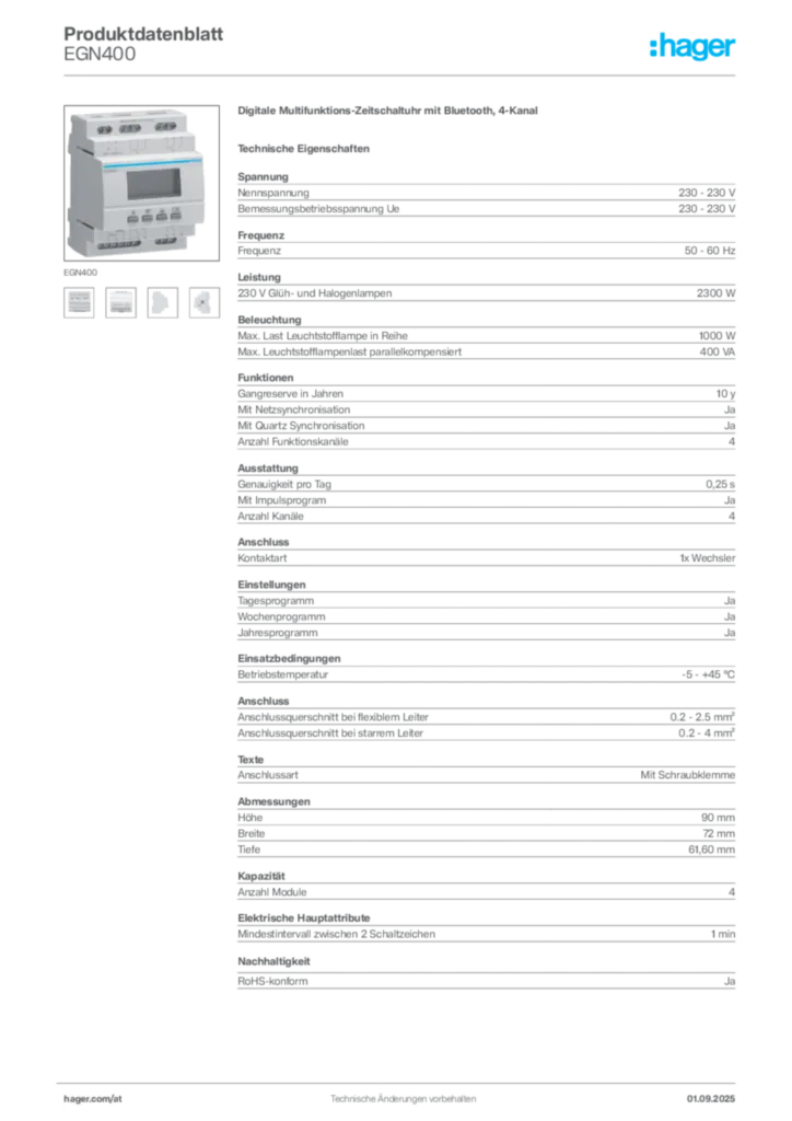 Bild Hager Produktdatenblatt EGN400 | Hager Deutschland