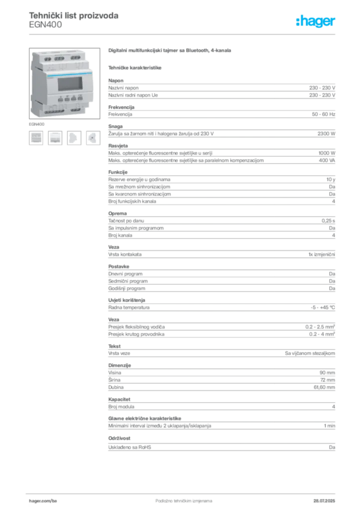 Slika Hager Product data sheet EGN400  | Hager