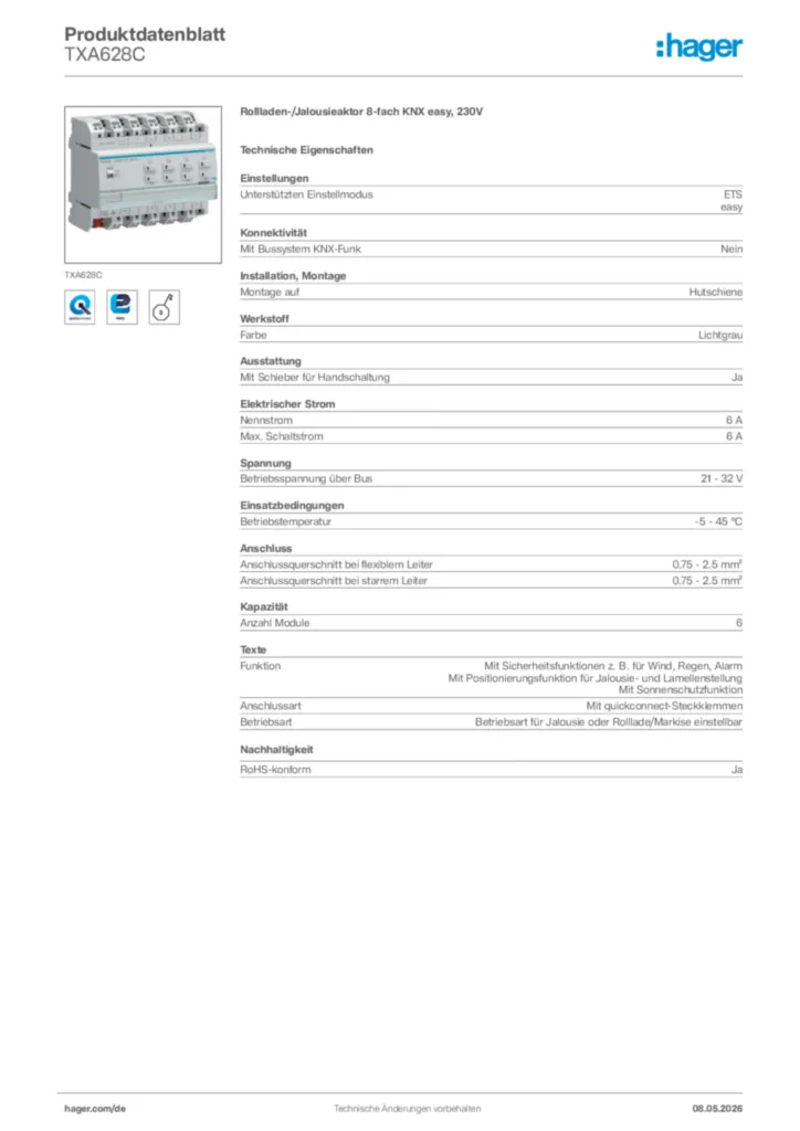 Bild Hager Produktdatenblatt TXA628C | Hager Deutschland