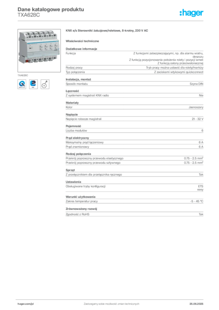 Zdjęcie Hager Dane katalogowe produktu TXA628C | Hager Polska