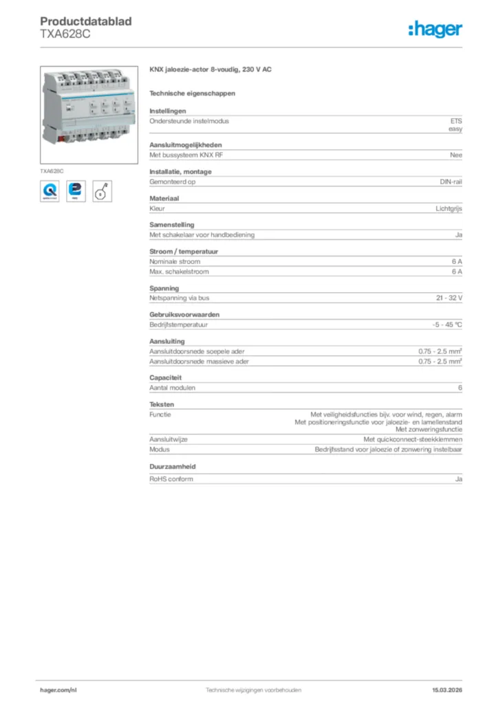 Afbeelding Hager Productdatablad TXA628C | Hager Nederland