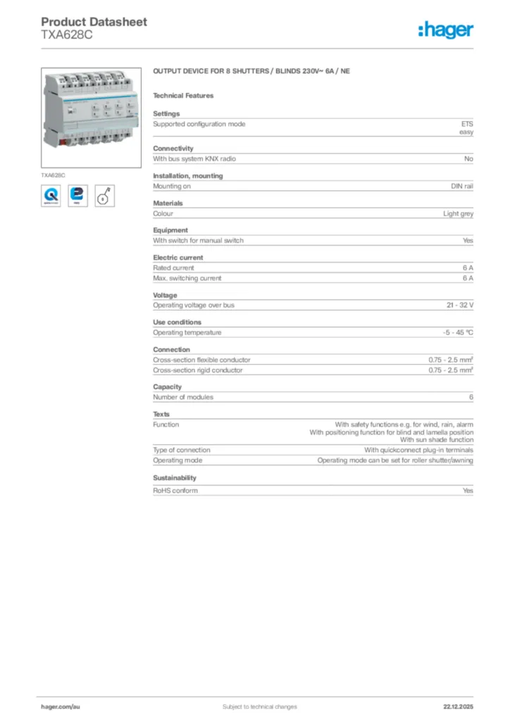 Image Hager Product data sheet TXA628C  | Hager Australia