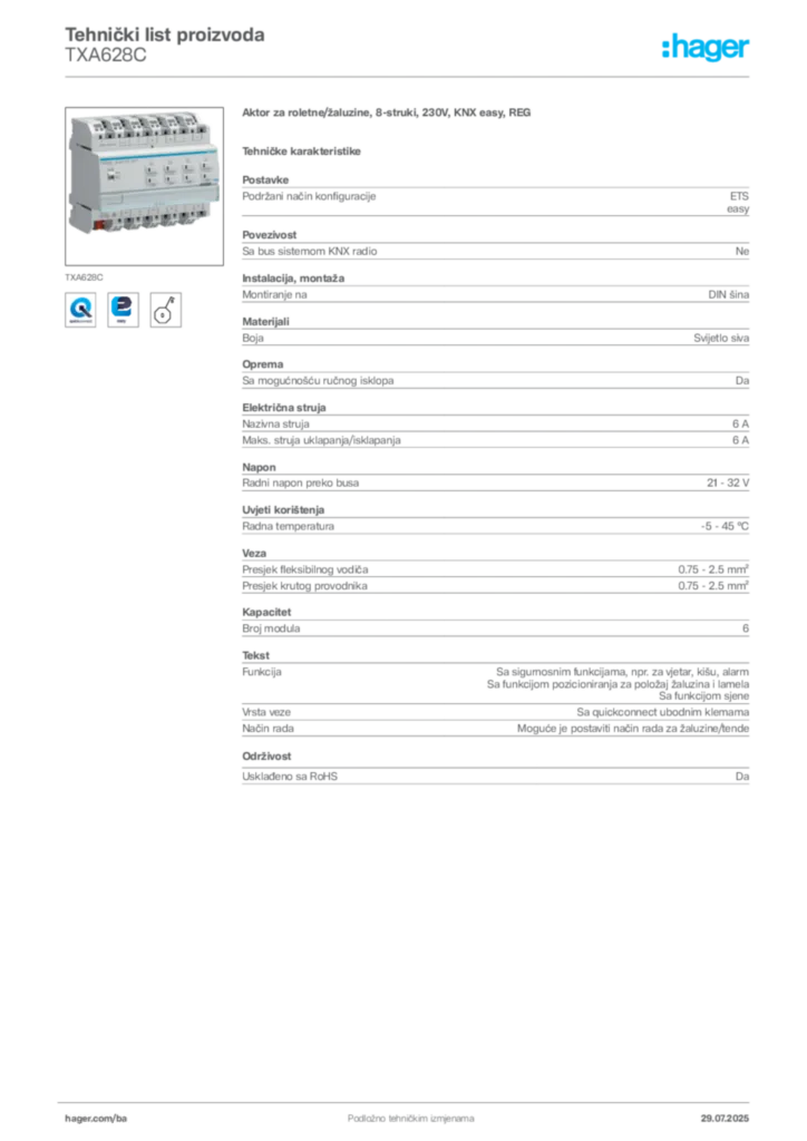 Slika Hager Product data sheet TXA628C  | Hager