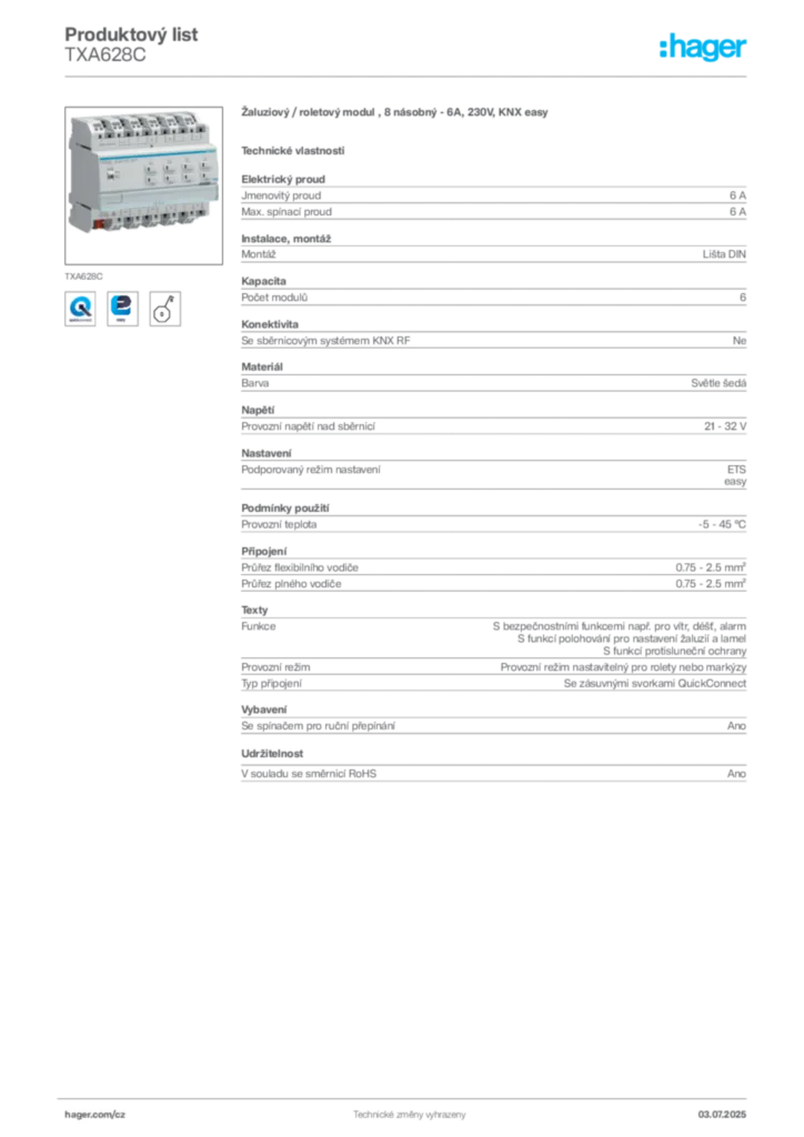 Obrázek Hager Produktový list TXA628C | Hager