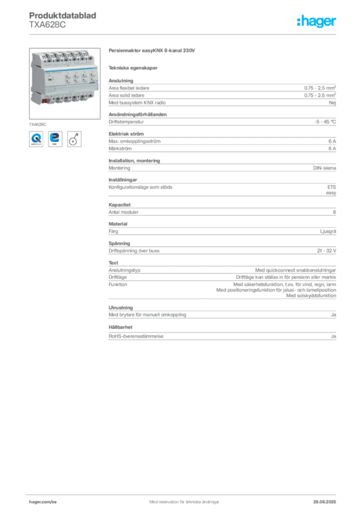 Bild Hager Produktdatablad TXA628C | Hager Sverige